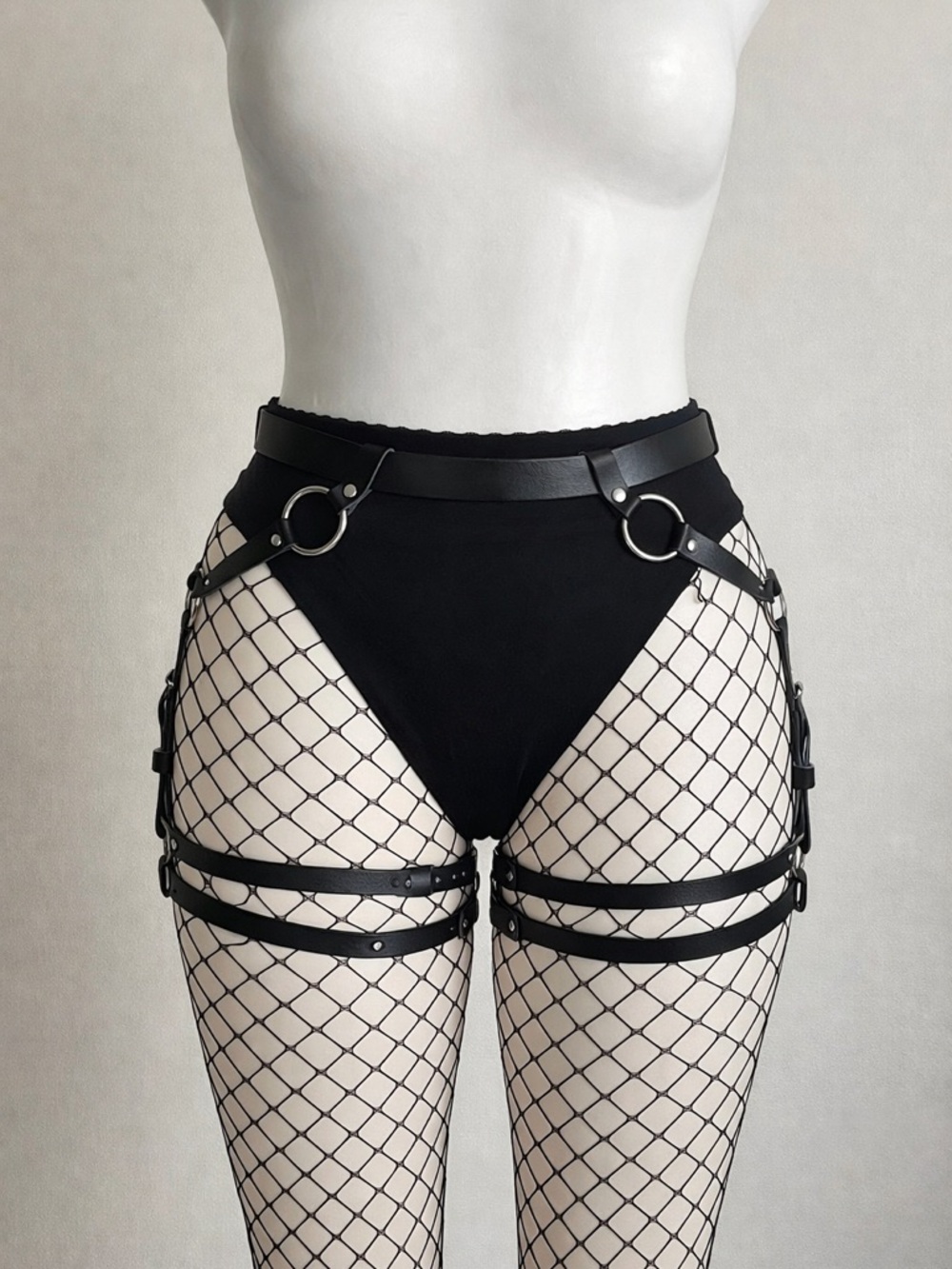 Black Leather Harness Belt with Ring Detail
